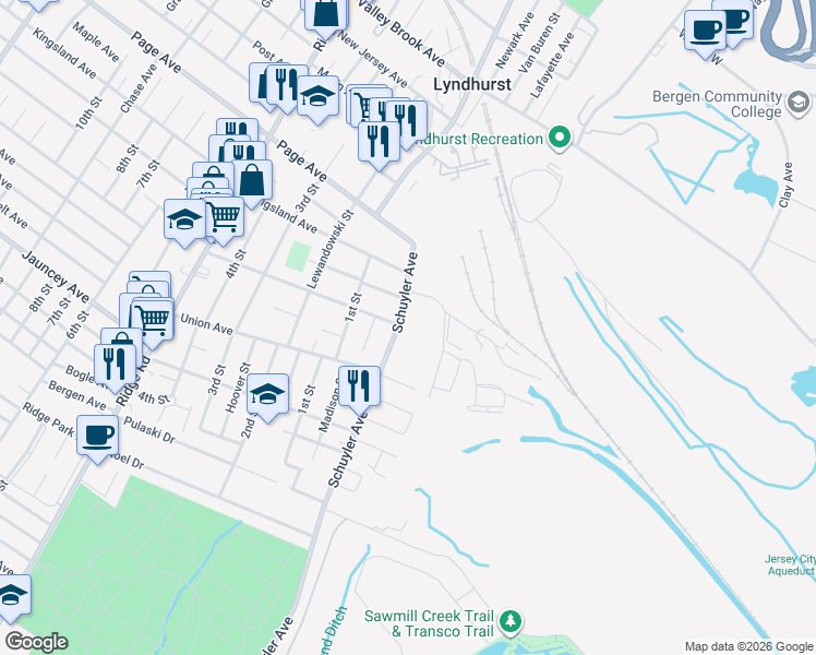 map of restaurants, bars, coffee shops, grocery stores, and more near 700 Schuyler Avenue in Lyndhurst