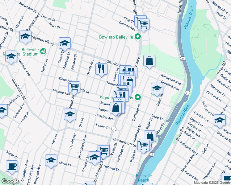 map of restaurants, bars, coffee shops, grocery stores, and more near 77 Floyd Street in Belleville