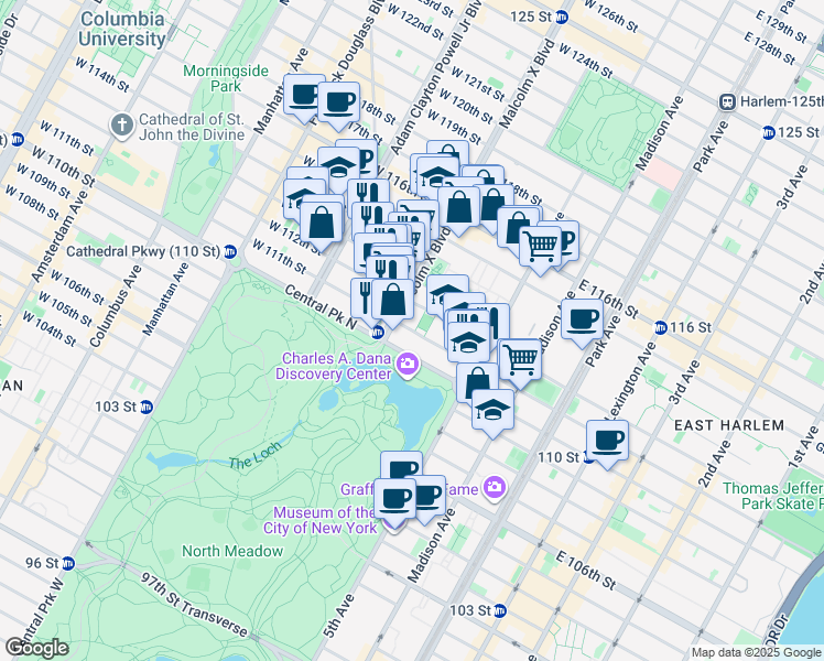 map of restaurants, bars, coffee shops, grocery stores, and more near 51 West 111th Street in New York