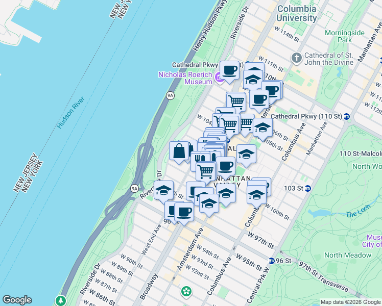 map of restaurants, bars, coffee shops, grocery stores, and more near 845 West End Avenue in New York
