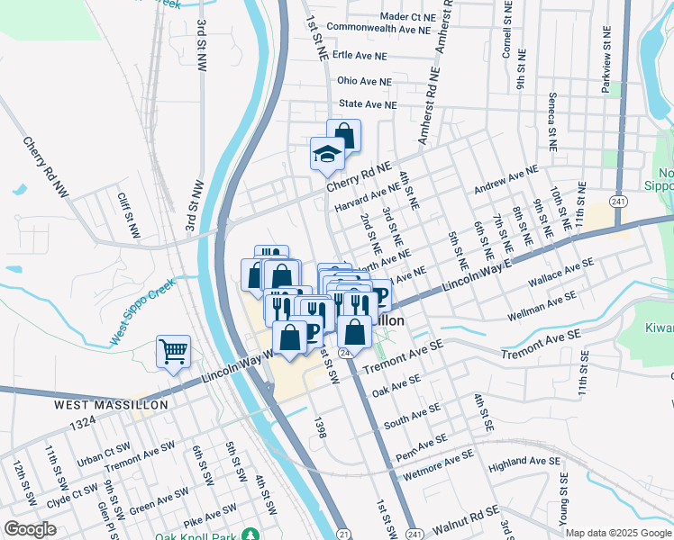 map of restaurants, bars, coffee shops, grocery stores, and more near in Massillon