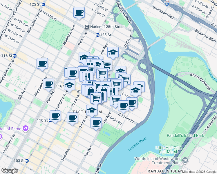 map of restaurants, bars, coffee shops, grocery stores, and more near in New York