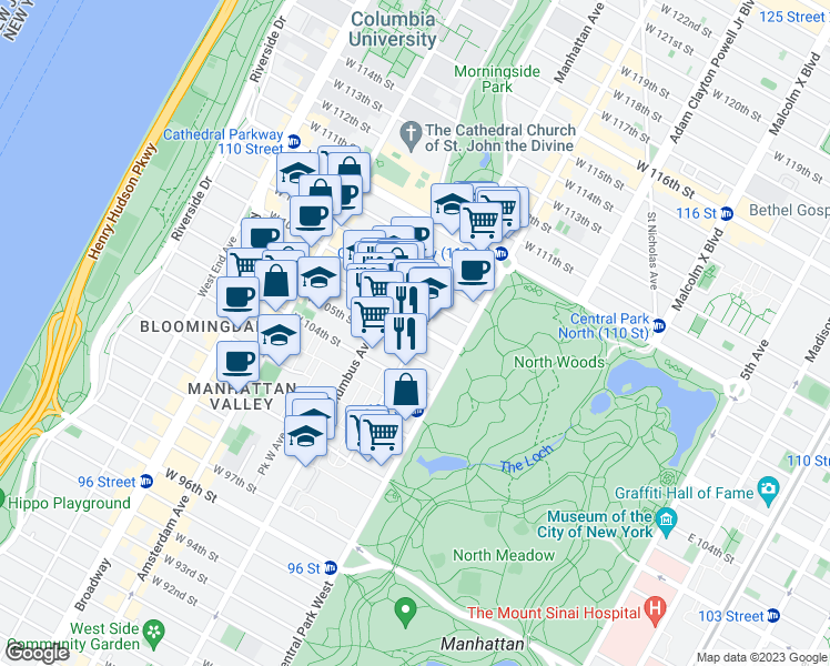 map of restaurants, bars, coffee shops, grocery stores, and more near 139 Manhattan Avenue in New York