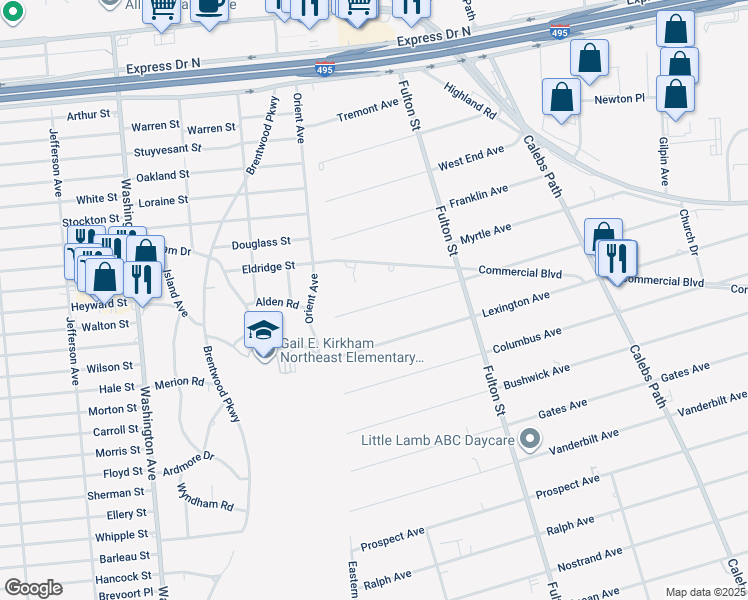 map of restaurants, bars, coffee shops, grocery stores, and more near 9 Ridgewood Avenue in Brentwood