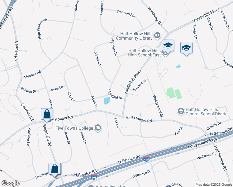 map of restaurants, bars, coffee shops, grocery stores, and more near 4 Highfield Drive in Dix Hills