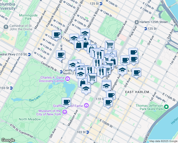 map of restaurants, bars, coffee shops, grocery stores, and more near 1345 5th Avenue in New York