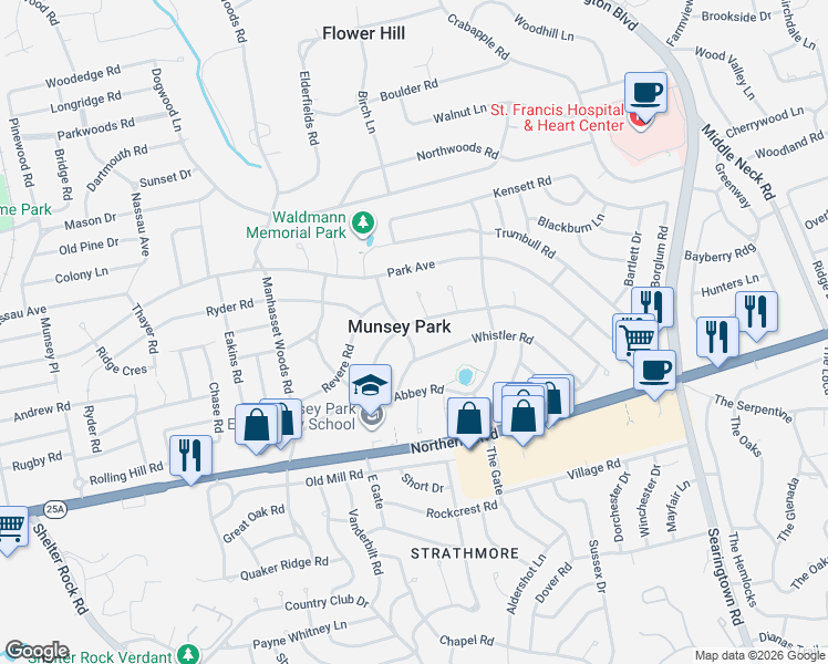 map of restaurants, bars, coffee shops, grocery stores, and more near in Munsey Park