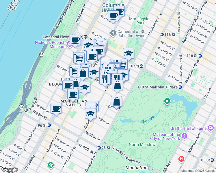 map of restaurants, bars, coffee shops, grocery stores, and more near Columbus Ave & W 105th St in New York