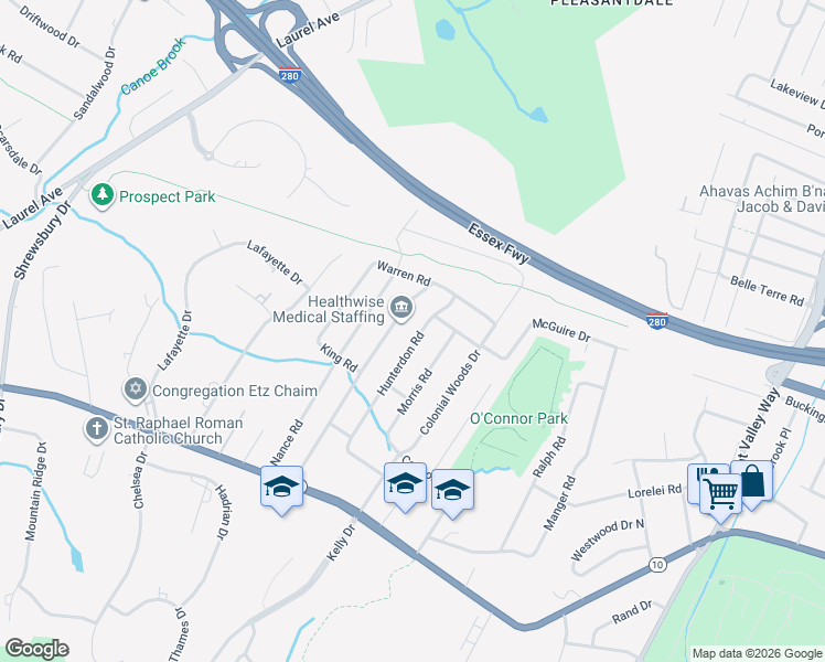 map of restaurants, bars, coffee shops, grocery stores, and more near 46 Hunterdon Road in West Orange