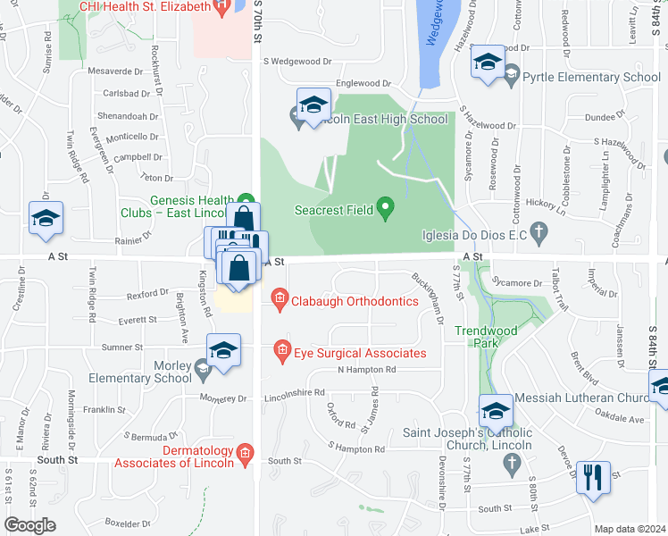 map of restaurants, bars, coffee shops, grocery stores, and more near 7221 Buckingham Drive in Lincoln