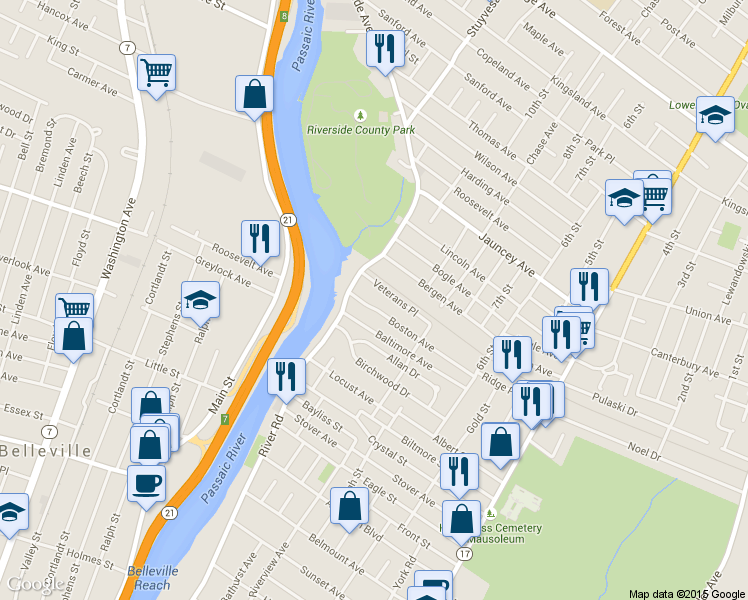 map of restaurants, bars, coffee shops, grocery stores, and more near 210 Boston Avenue in North Arlington