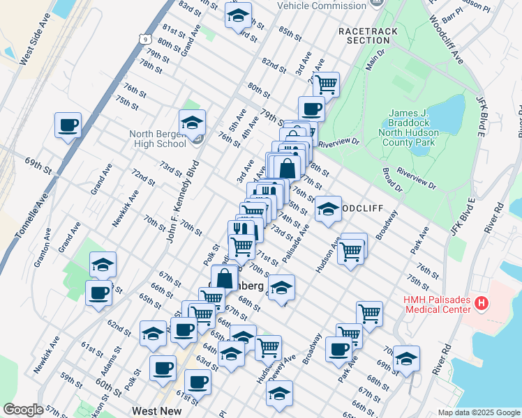map of restaurants, bars, coffee shops, grocery stores, and more near 516 73rd Street in North Bergen