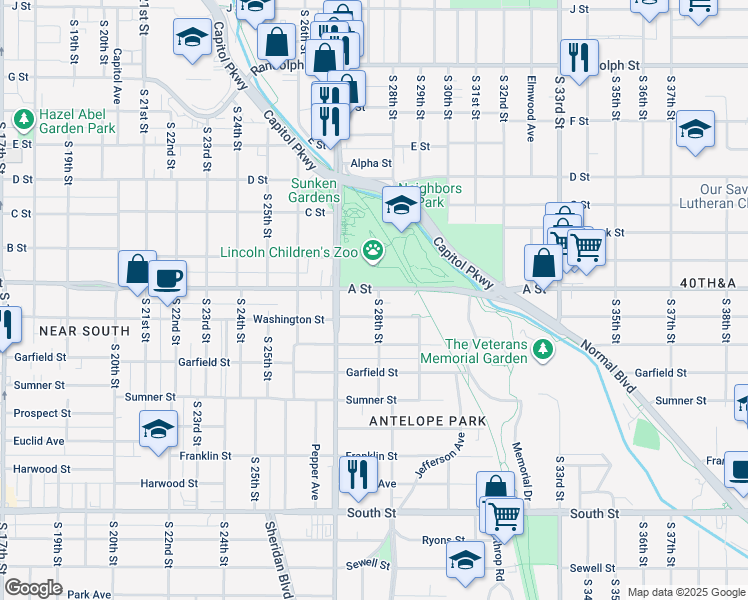 map of restaurants, bars, coffee shops, grocery stores, and more near 1425 South 28th Street in Lincoln