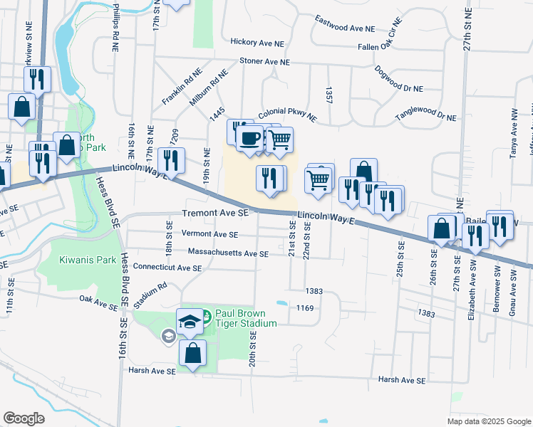 map of restaurants, bars, coffee shops, grocery stores, and more near 2005 Lincoln Way East in Massillon