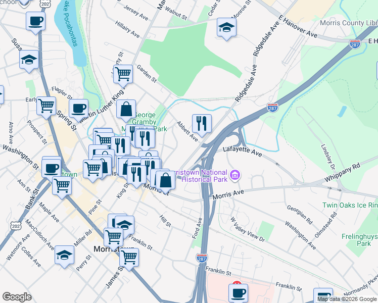 map of restaurants, bars, coffee shops, grocery stores, and more near 44 Ridgedale Avenue in Morristown