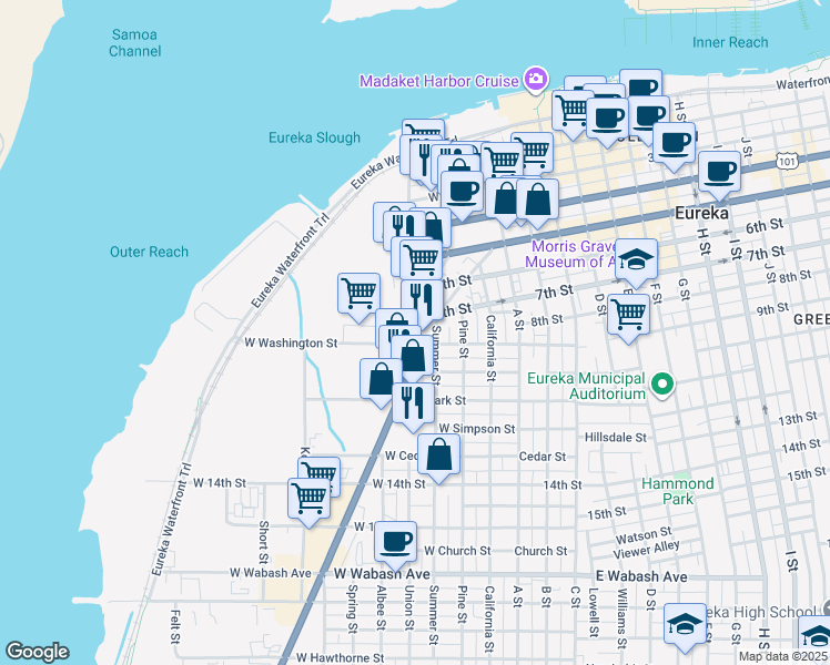 map of restaurants, bars, coffee shops, grocery stores, and more near 823 Broadway Street in Eureka