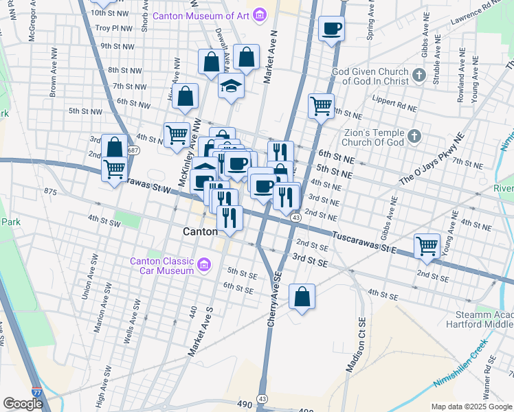map of restaurants, bars, coffee shops, grocery stores, and more near 202 2nd Street Northeast in Canton