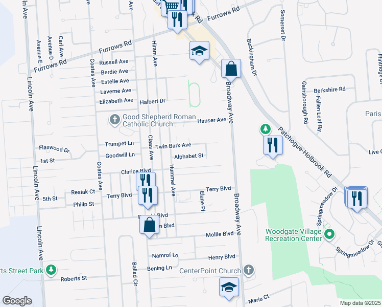 map of restaurants, bars, coffee shops, grocery stores, and more near 431 Alphabet Street in Holbrook