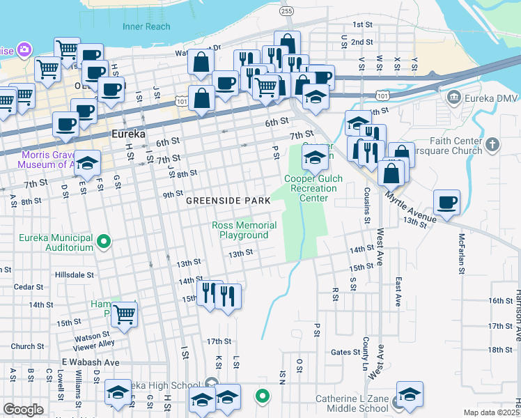 map of restaurants, bars, coffee shops, grocery stores, and more near 1327 11th Street in Eureka