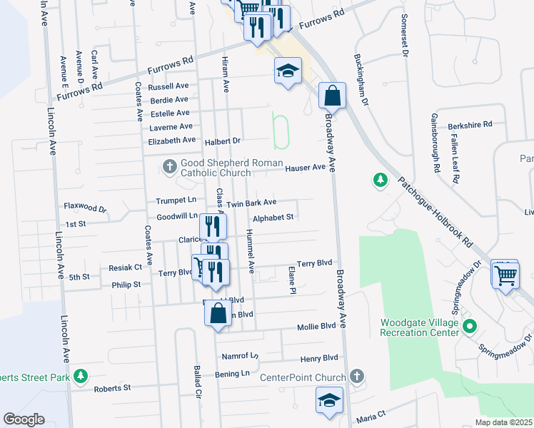 map of restaurants, bars, coffee shops, grocery stores, and more near 431 Alphabet Street in Holbrook