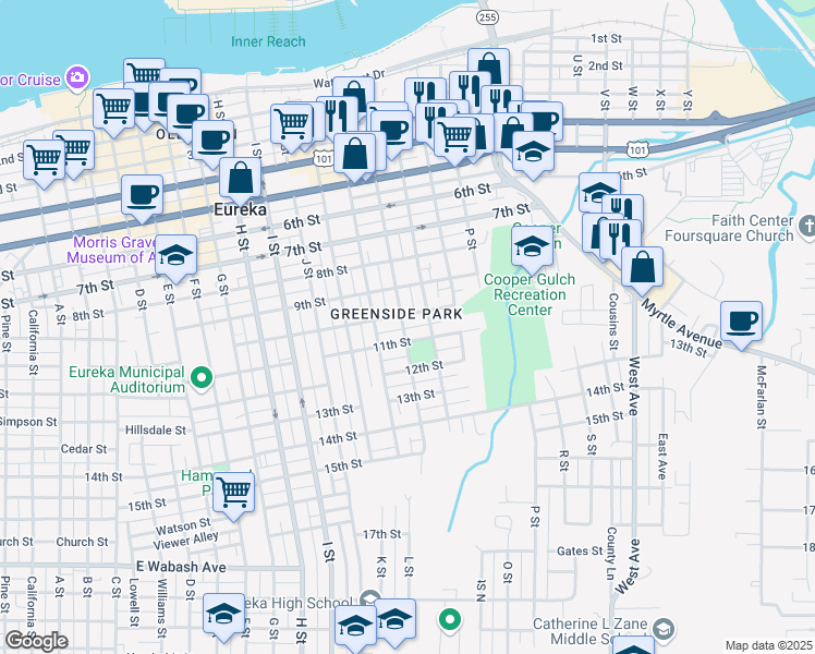 map of restaurants, bars, coffee shops, grocery stores, and more near 1037 M Street in Eureka