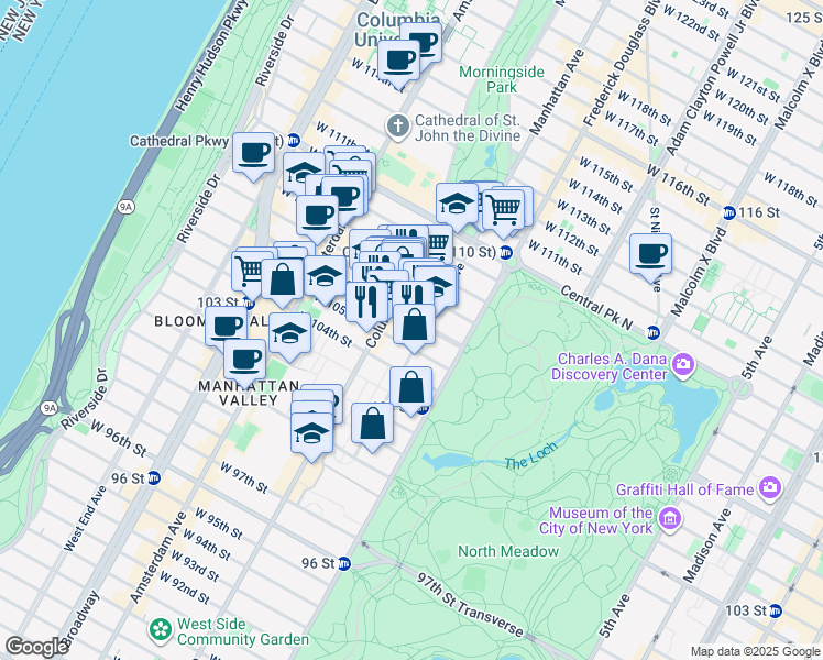 map of restaurants, bars, coffee shops, grocery stores, and more near 54 West 106th Street in New York