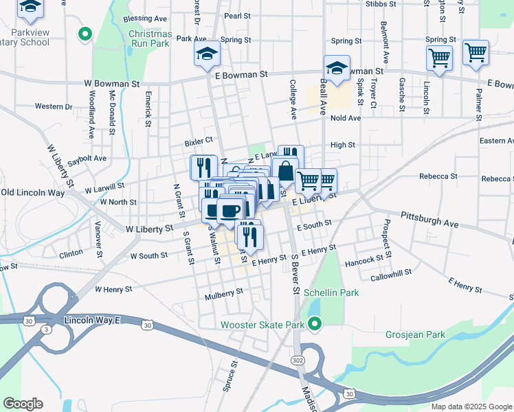 map of restaurants, bars, coffee shops, grocery stores, and more near 140 East Liberty Street in Wooster