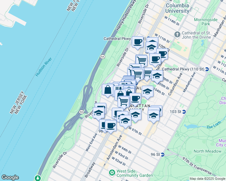 map of restaurants, bars, coffee shops, grocery stores, and more near 318 West 101st Street in New York