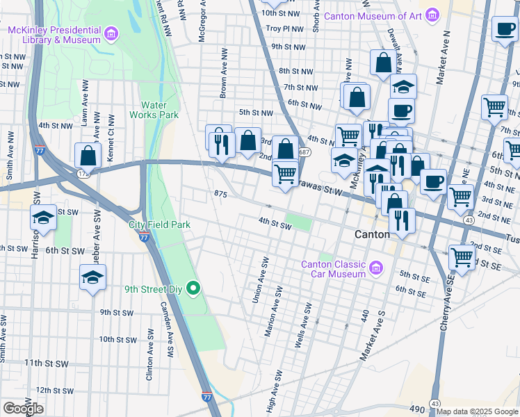 map of restaurants, bars, coffee shops, grocery stores, and more near 1010 3rd Street Southwest in Canton