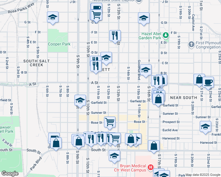 map of restaurants, bars, coffee shops, grocery stores, and more near 1426 South 12th Street in Lincoln