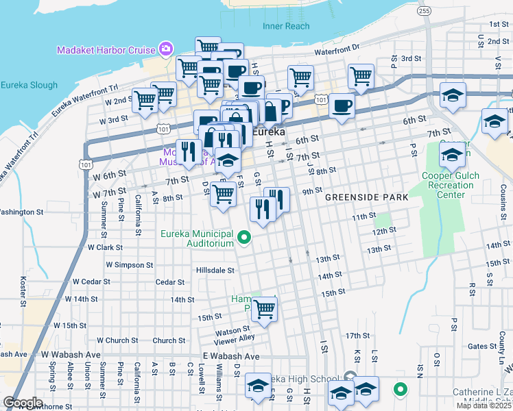 map of restaurants, bars, coffee shops, grocery stores, and more near 904 G Street in Eureka