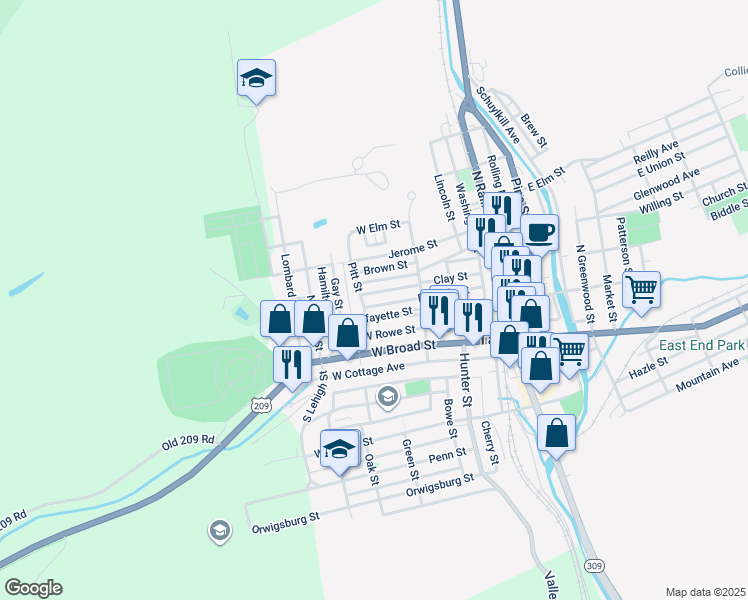 map of restaurants, bars, coffee shops, grocery stores, and more near 252-254 Clay Street in Tamaqua