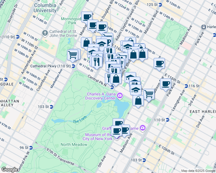map of restaurants, bars, coffee shops, grocery stores, and more near 121 West 110th Street in New York