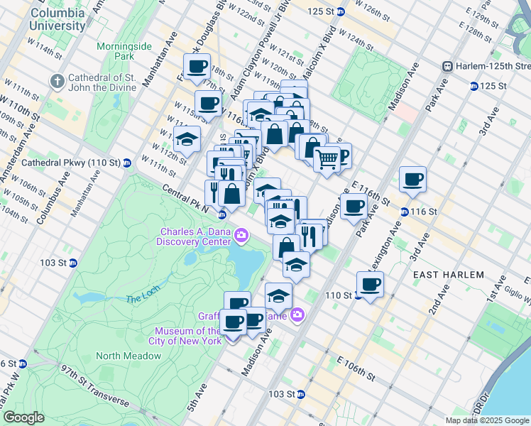 map of restaurants, bars, coffee shops, grocery stores, and more near 46 West 112th Street in New York