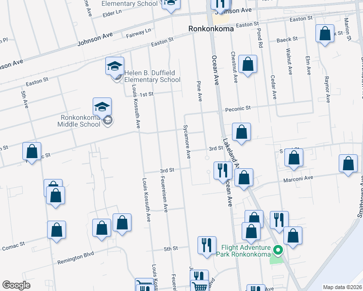 map of restaurants, bars, coffee shops, grocery stores, and more near 2129 Julia Goldbach Avenue in Ronkonkoma