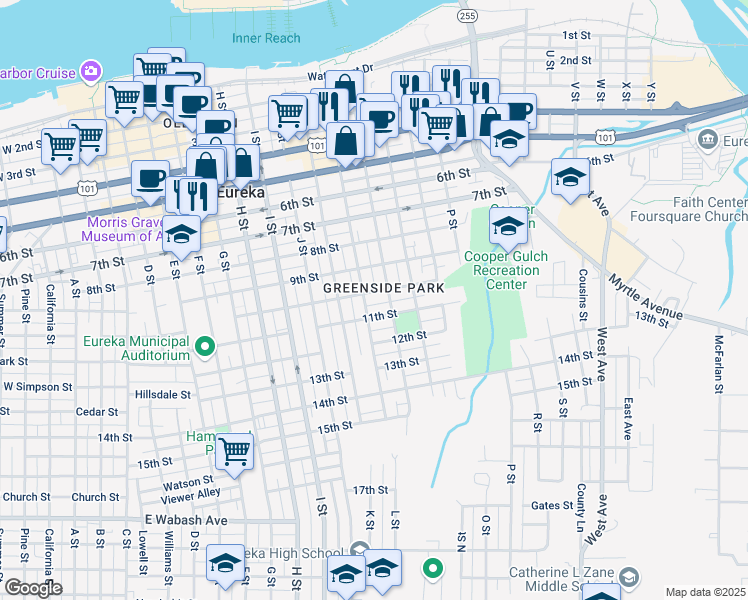 map of restaurants, bars, coffee shops, grocery stores, and more near 1114 10th St in Eureka