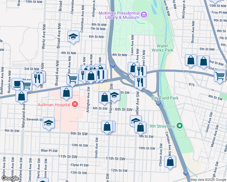 map of restaurants, bars, coffee shops, grocery stores, and more near 138 Harrison Ave SW in Canton
