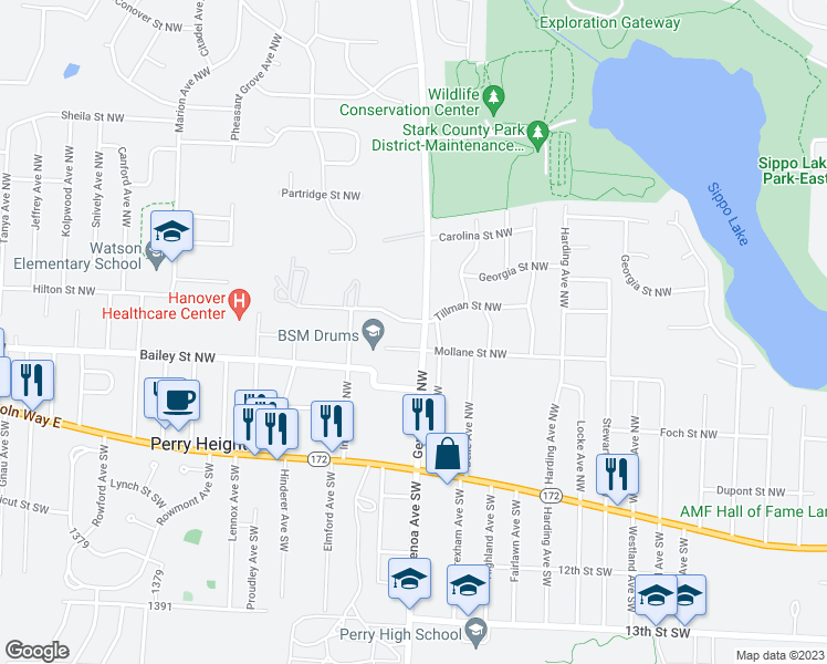 map of restaurants, bars, coffee shops, grocery stores, and more near 439 Genoa Avenue Northwest in Massillon
