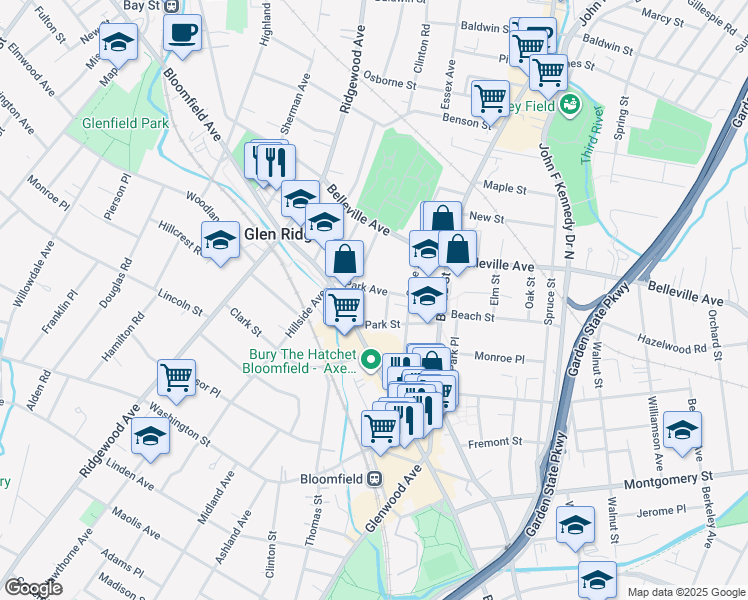 map of restaurants, bars, coffee shops, grocery stores, and more near 64 Park Avenue in Bloomfield