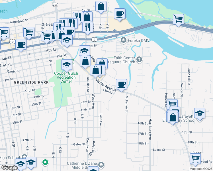 map of restaurants, bars, coffee shops, grocery stores, and more near 1231 Myrtle Avenue in Eureka