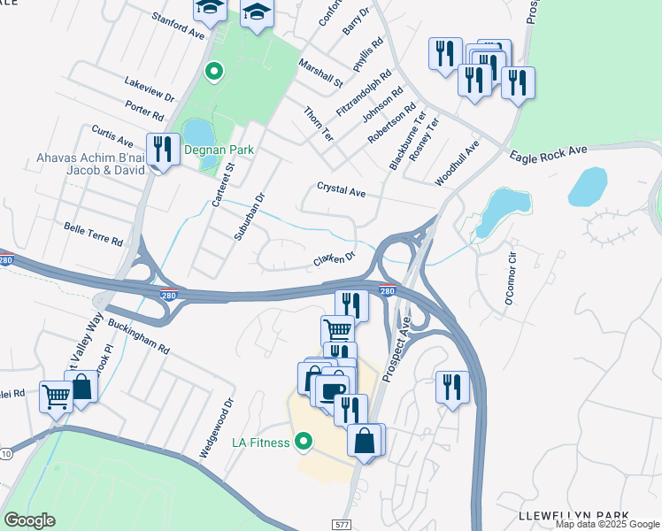 map of restaurants, bars, coffee shops, grocery stores, and more near 116 Clarken Drive in West Orange