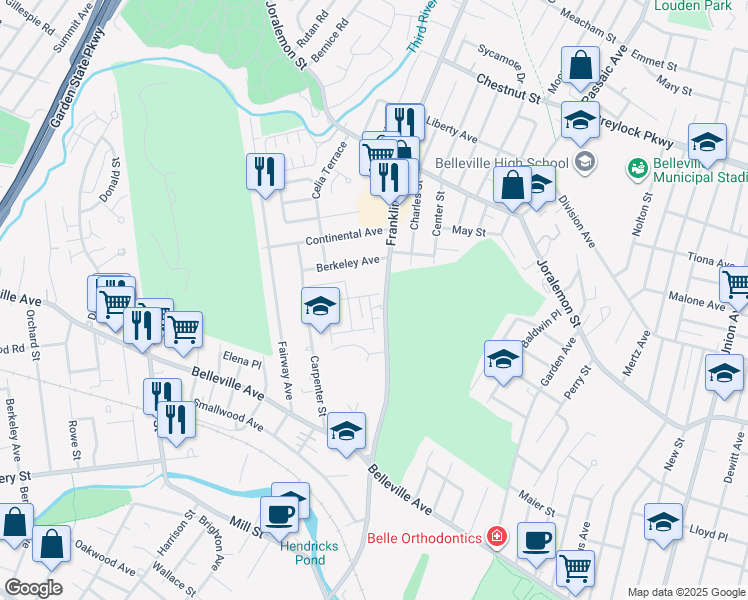 map of restaurants, bars, coffee shops, grocery stores, and more near 109 Hamilton Street in Belleville