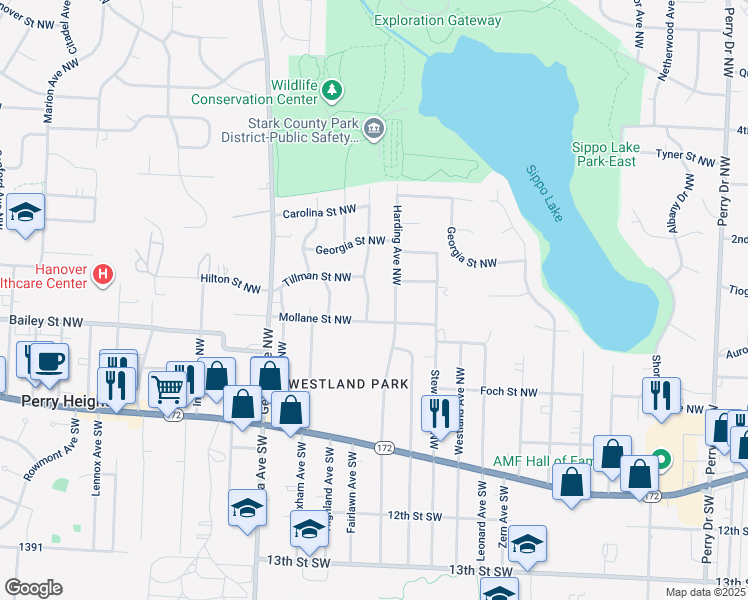map of restaurants, bars, coffee shops, grocery stores, and more near 446 Windamere Avenue Northwest in Massillon