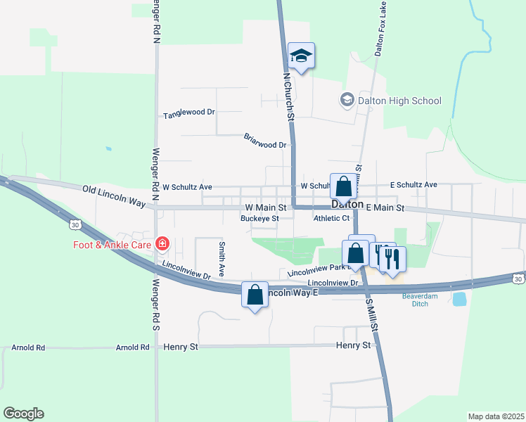 map of restaurants, bars, coffee shops, grocery stores, and more near 245 West Main Street in Dalton
