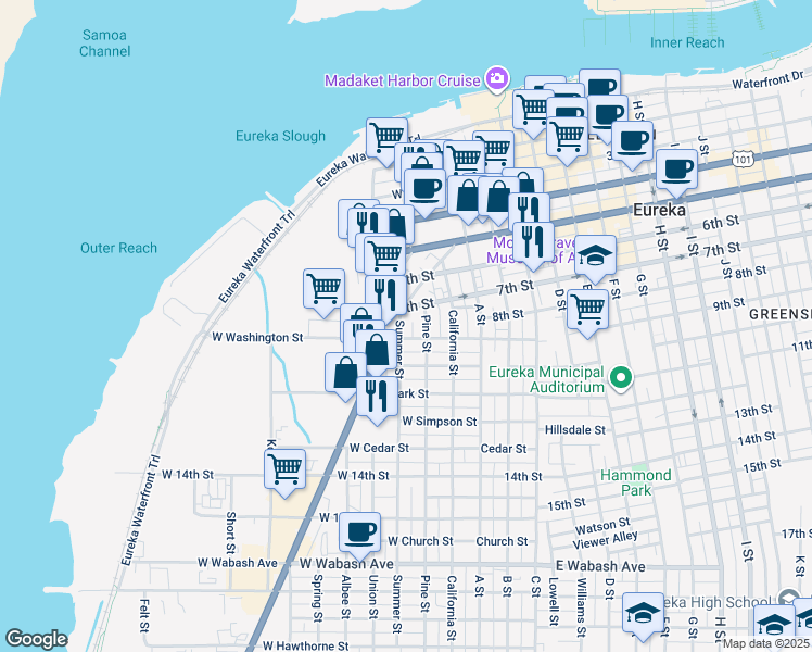 map of restaurants, bars, coffee shops, grocery stores, and more near 204 West Washington Street in Eureka