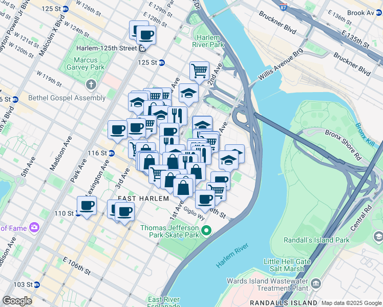 map of restaurants, bars, coffee shops, grocery stores, and more near 333 East 119th Street in New York