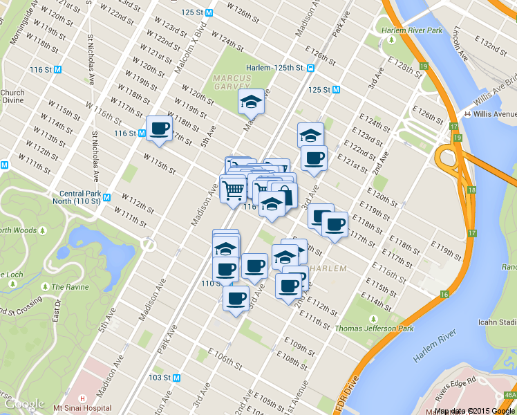 map of restaurants, bars, coffee shops, grocery stores, and more near 109 East 116th Street in New York