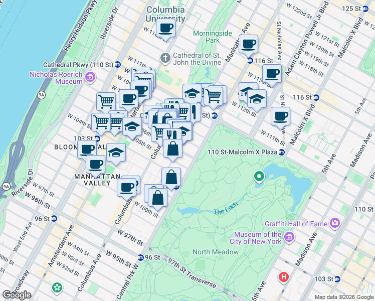 map of restaurants, bars, coffee shops, grocery stores, and more near 461 Central Park West in New York