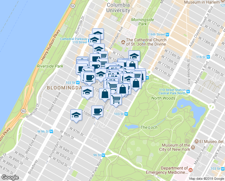 map of restaurants, bars, coffee shops, grocery stores, and more near in New York