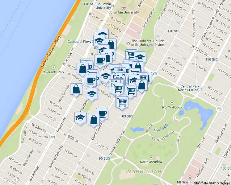 map of restaurants, bars, coffee shops, grocery stores, and more near in New York